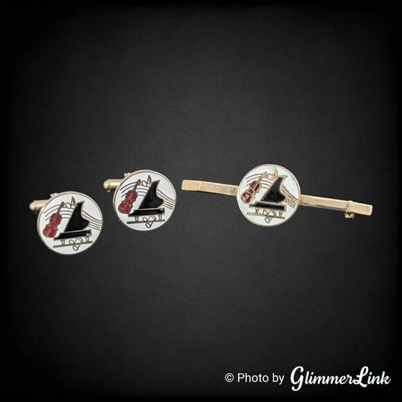 Vintage Music Themed Cello Piano Enamel Cufflinks & Bar Brooch Set, Unisex Gift - Picture 1 of 7